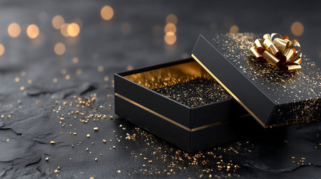 Unveil pure luxury with this stunning black gift box adorned with a golden bow and shimmering sparkles, hinting at an extraordinary surprise within. Perfect for creating moments of joy and wonder.の素材