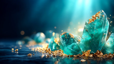 Captivating turquoise crystals adorned with brilliant gold fragments radiate a mystical underwater glow. This opulent scene blends natural beauty with luxurious treasure, perfect for projects evoking wealth, magic, or deep natural wonder.の素材