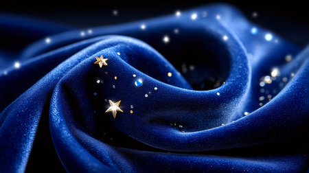 Experience the opulent allure of deep blue velvet fabric, beautifully draped and accented with shimmering gold stars and enchanting light effects. Perfect for evoking magic, luxury, and celebration.の素材