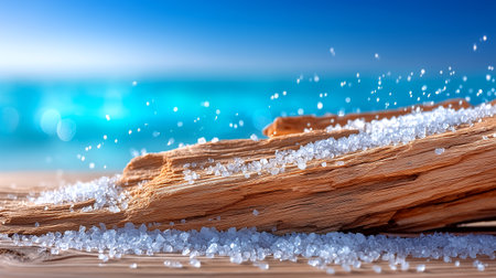 Experience the essence of coastal serenity with shimmering sea salt crystals resting on weathered driftwood, set against a dazzling turquoise ocean. Ideal for wellness, travel, and natural beauty themes.の素材