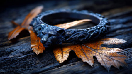 Discover the raw allure of this dark metal bracelet, intricately crafted with a majestic lion head, resting on weathered wood amidst fallen autumn leaves. Evokes ancient power, wild beauty, and sophisticated style for any collection.の素材
