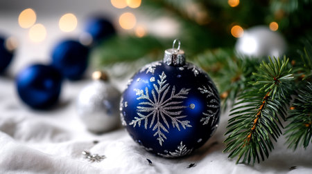 Capture the magic of the holidays with this exquisite deep blue Christmas ornament featuring a dazzling silver snowflake. Surrounded by lush pine and warm bokeh lights, it evokes festive cheer and elegant celebration.の素材