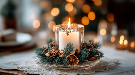 Capture the warm glow of the holidays with this elegant Christmas candle centerpiece. Perfect for adding a touch of festive cheer to your designs, greetings, and social media posts.の素材