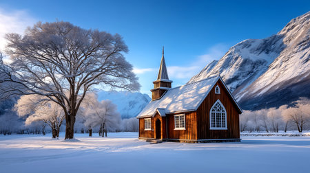 Experience the tranquil beauty of a secluded wooden chapel in a pristine winter landscape. Snow-covered mountains and frosted trees create a serene, majestic scene perfect for holiday, travel, or inspirational themes.の素材