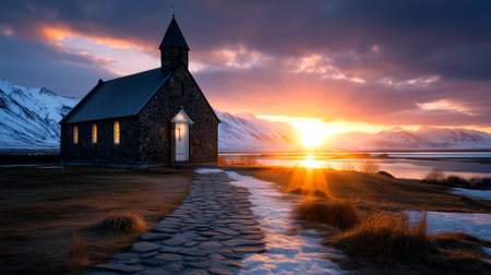 Discover peace at this solitary stone church, illuminated by a breathtaking golden sunset. Majestic snowy mountains and calm water create an unforgettable, serene landscape perfect for inspiring journeys and reflection.の素材