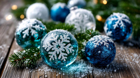 Capture the magical spirit of Christmas with these elegant blue and silver snowflake ornaments on rustic wood. Perfect for holiday cards, festive designs, and creating a warm, joyful atmosphere.の素材