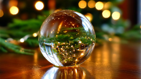 Capture the magic of Christmas with this festive scene. A glass orb reflects twinkling tree lights, creating a warm and inviting holiday atmosphere, perfect for seasonal campaigns.の素材