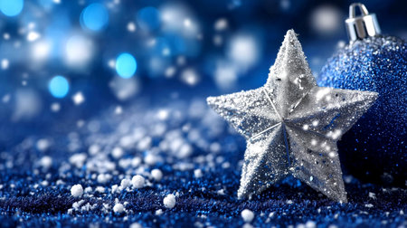 Capture the magic of Christmas with this sparkling silver star and blue bauble. Perfect for creating festive holiday backgrounds and designs that evoke the joy of the season.の素材