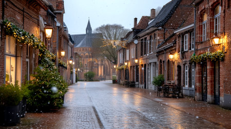 Experience the enchantment of a European street adorned with twinkling holiday lights and gentle snowfall. This magical winter scene evokes warmth and festive cheer, perfect for capturing the spirit of the season.の素材