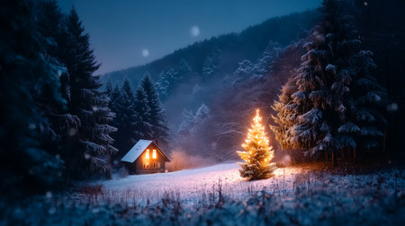 Experience the enchanting allure of a winter wonderland. A charming cabin, bathed in warm light, sits nestled within a snow-covered forest, complemented by a radiant, illuminated Christmas tree. Perfect for evoking holiday magic and cozy, festive feelings.の素材