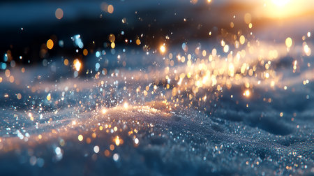 Captivating golden bokeh lights shimmer and dance across a cool, frosty blue icy surface, evoking a sense of magical winter wonder and festive celebration.の素材
