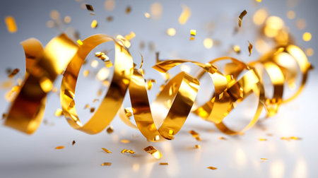 Capture the exhilarating spirit of triumph and celebration with dynamic golden streamers and sparkling confetti, perfect for conveying success, joy, and luxurious festivity.の素材