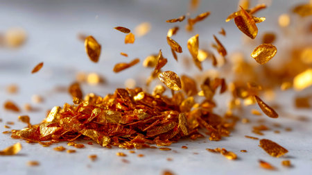 Capture the magic of celebration with shimmering edible gold glitter flakes cascading down. Perfect for adding a touch of luxury and sparkle to gourmet desserts, cakes, and any special occasion treat.の素材