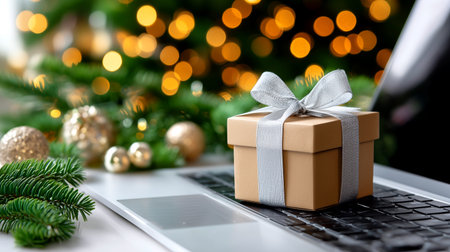 Capture the spirit of giving with this festive scene, a beautifully wrapped gift box on a laptop keyboard, perfect for expressing holiday appreciation and celebrating connections.の素材