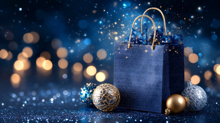 Experience the magic of giving with this enchanting scene of a luxurious blue gift bag adorned with a golden ribbon, nestled amongst sparkling ornaments. Perfect for holiday campaigns, promotions, and conveying festive cheer.の素材