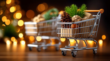 Adorable miniature shopping carts filled with festive gifts and natural elements evoke the magic of holiday shopping. Perfect for promoting seasonal sales and creating a warm, inviting atmosphere.の素材
