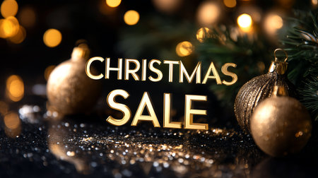 Capture the magic of holiday shopping with this elegant Christmas Sale announcement featuring golden ornaments, shimmering glitter, and warm bokeh lights. Perfect for festive promotions and creating an inviting seasonal atmosphere.の素材