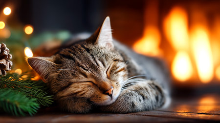 Experience ultimate coziness as a tabby cat slumbers near a crackling fireplace. Warm lights twinkle amidst pine needles, creating a perfect winter holiday scene of peace and comfort.の素材