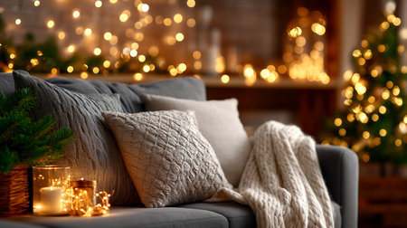 Experience ultimate comfort with this inviting living room scene, featuring plush textures, soft blankets, and warm, twinkling lights creating a serene holiday atmosphere perfect for relaxation and festive cheer.の素材