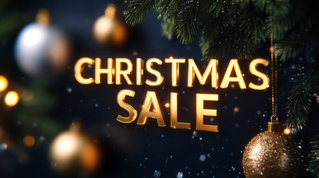 Announce your biggest holiday savings with this stunning Christmas Sale graphic. Featuring elegant golden text, shimmering ornaments, and festive pine branches, it's ideal for all your winter promotion needs.の素材