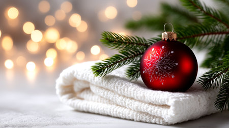 Embrace the cozy spirit of winter with this elegant composition featuring a festive red bauble and pine branch on soft white knit, bathed in warm bokeh light. Perfect for holiday promotions and seasonal designs.の素材
