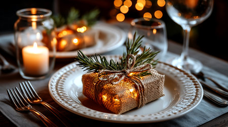 Experience the magic of the holidays with this beautifully set table, featuring a charming burlap gift adorned with rosemary, a softly glowing candle, and enchanting bokeh lights. Perfect for conveying warmth and festive cheer.の素材