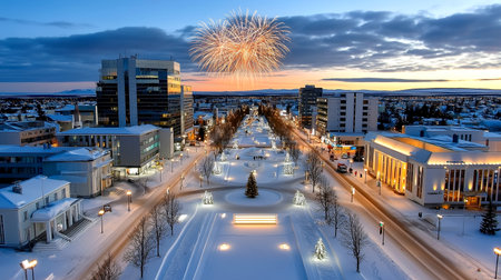 Experience the magic of a winter city celebration with dazzling fireworks painting the twilight sky. Snow-covered streets and illuminated modern buildings create a vibrant, festive atmosphere perfect for holiday and event promotions.の素材