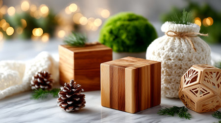 Experience the warmth of the season with this cozy winter arrangement featuring natural wood, pinecones, and soft knitted textures. Perfect for holiday promotions and festive designs.の素材
