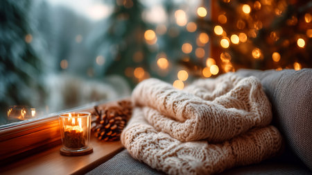 Embrace ultimate coziness with a softly glowing candle, a plush knit blanket, and enchanting bokeh lights, perfect for capturing warm, inviting winter and holiday moments.の素材