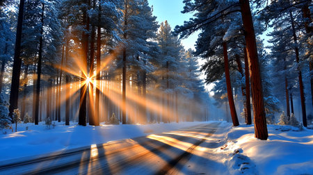 Experience the breathtaking beauty of a winter wonderland as golden sunbeams dramatically cut through a snow-laden pine forest, casting long shadows on a quiet road. This scene evokes adventure, peace, and the serene magic of the season.の素材