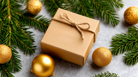 Capture the magic of the holiday season with this festive scene featuring sparkling gold ornaments, a charming kraft gift box, and natural fir branches, perfect for evoking warmth and celebratory joy.の素材