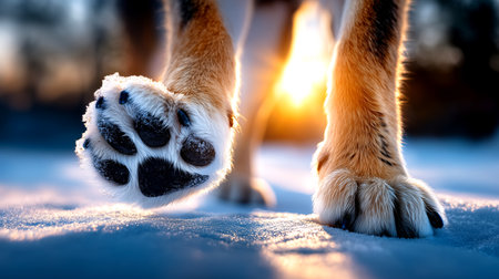 Experience the breathtaking beauty of a sunrise illuminating a canine's paws dusted with fresh winter snow. This stunning scene evokes a sense of wild adventure and peaceful solitude, perfect for conveying nature's raw elegance.の素材