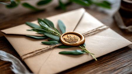 Capture timeless elegance with this beautifully crafted kraft envelope, sealed with a golden wax emblem and delicate greenery. Ideal for weddings, invitations, and heartfelt messages, it adds a touch of luxury and personal warmth to any special occasion.の素材