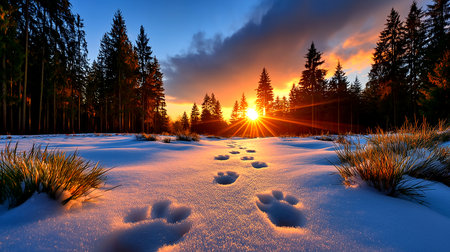 Experience the magic of a winter sunset illuminating a snowy forest path marked by animal tracks. This breathtaking scene invites exploration and evokes a sense of peaceful adventure in a serene natural setting.の素材