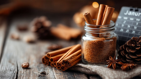 Evoke the comforting essence of winter with this rustic scene of cinnamon sticks and brown sugar. Perfect for holiday baking, festive recipes, and seasonal promotions, this aromatic collection invites warmth and culinary creativity.の素材