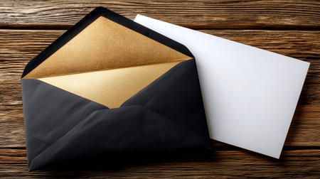 Experience sophistication with this elegant black envelope featuring a shimmering gold interior, paired with a crisp white card. Ideal for premium invitations, announcements, and conveying exclusive messages.の素材