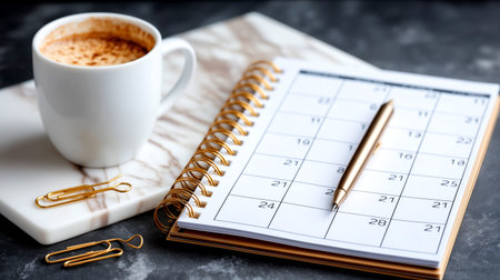 Start your day with purpose! This scene captures the essence of organized planning, featuring a fresh coffee and essential tools for managing your schedule and achieving your goals.の素材