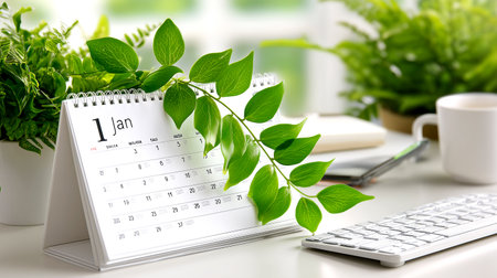 Embrace new beginnings with this serene scene of fresh green leaves gracefully accenting a January calendar, perfect for concepts of planning, growth, and natural inspiration.の素材