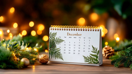 Capture the magic of the holiday season with this festive December calendar adorned with evergreen branches and warm, twinkling lights. Inspire your audience with seasonal planning and cozy holiday vibes.の素材