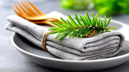 Create an inviting dining atmosphere with this beautifully rustic place setting featuring a folded linen napkin, a natural wooden fork, and a fresh pine sprig for a touch of organic elegance. Perfect for seasonal celebrations or everyday natural dining.の素材