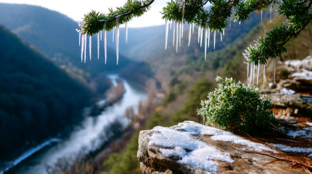 Experience the crisp beauty of winter with this breathtaking scene. Glistening icicles dangle from evergreen boughs, framing a tranquil river valley. A perfect capture of nature's serene, frozen artistry.の素材