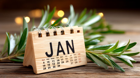 Kickstart your year with this beautifully crafted wooden desk calendar, highlighting January. Its natural charm and soft bokeh lighting create a warm, inviting atmosphere perfect for planning new beginnings and staying organized.の素材