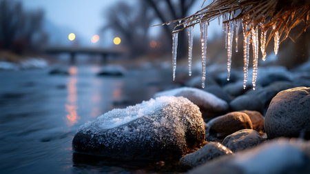 Experience winter's magic with this breathtaking close-up of glistening icicles over a frozen river. Soft light creates a tranquil, serene mood, perfect for evoking crisp, beautiful nature scenes.の素材