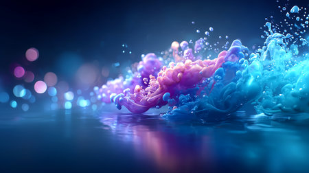 Captivating abstract explosion of vibrant pink and blue liquid, creating a fluid, dynamic art form with mesmerizing bokeh lights, perfect for modern design and creative projects.の素材