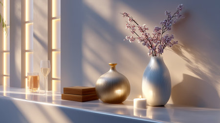 Capture the serene beauty of spring with this elegant floral arrangement and soft candlelight. Perfect for adding a touch of calm and sophistication to your home decor or lifestyle projects.の素材