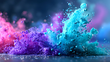 Captivating abstract explosion of vibrant pink and turquoise powder particles frozen mid-air. This dynamic visual evokes energy and creativity, perfect for modern designs and impactful backgrounds.の素材