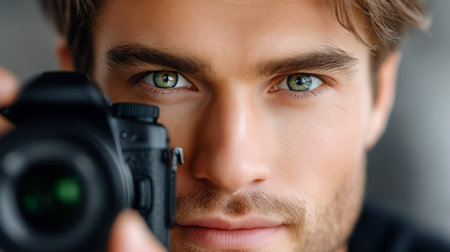 A close-up captures a photographer's intense focus, his stunning green eyes reflecting passion and precision. Ready to capture the perfect shot, he embodies dedication and artistic vision.の素材