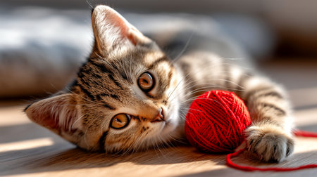 Captivating close-up of a playful tabby kitten with striking amber eyes, gazing curiously at a bright red ball of yarn. Sunlight streams onto a wooden floor, highlighting the adorable feline's soft fur and innocent charm.の素材
