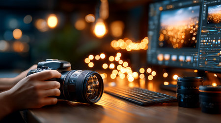 A photographer's cozy studio bathed in warm bokeh lights, skillfully retouching a landscape masterpiece. Perfect for showcasing creative professionals, inspiring visual art, and the passion behind photography.の素材