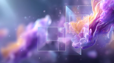 A stunning abstract background with vibrant purple and gold hues framed by geometric shapes. Dynamic and futuristic feel, ideal for tech themes or creative projects needing a modern touch.の素材